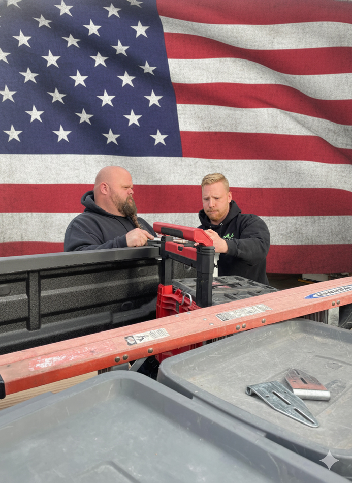 Two men in hoodies packing a pick up truck with an American flag in the background.